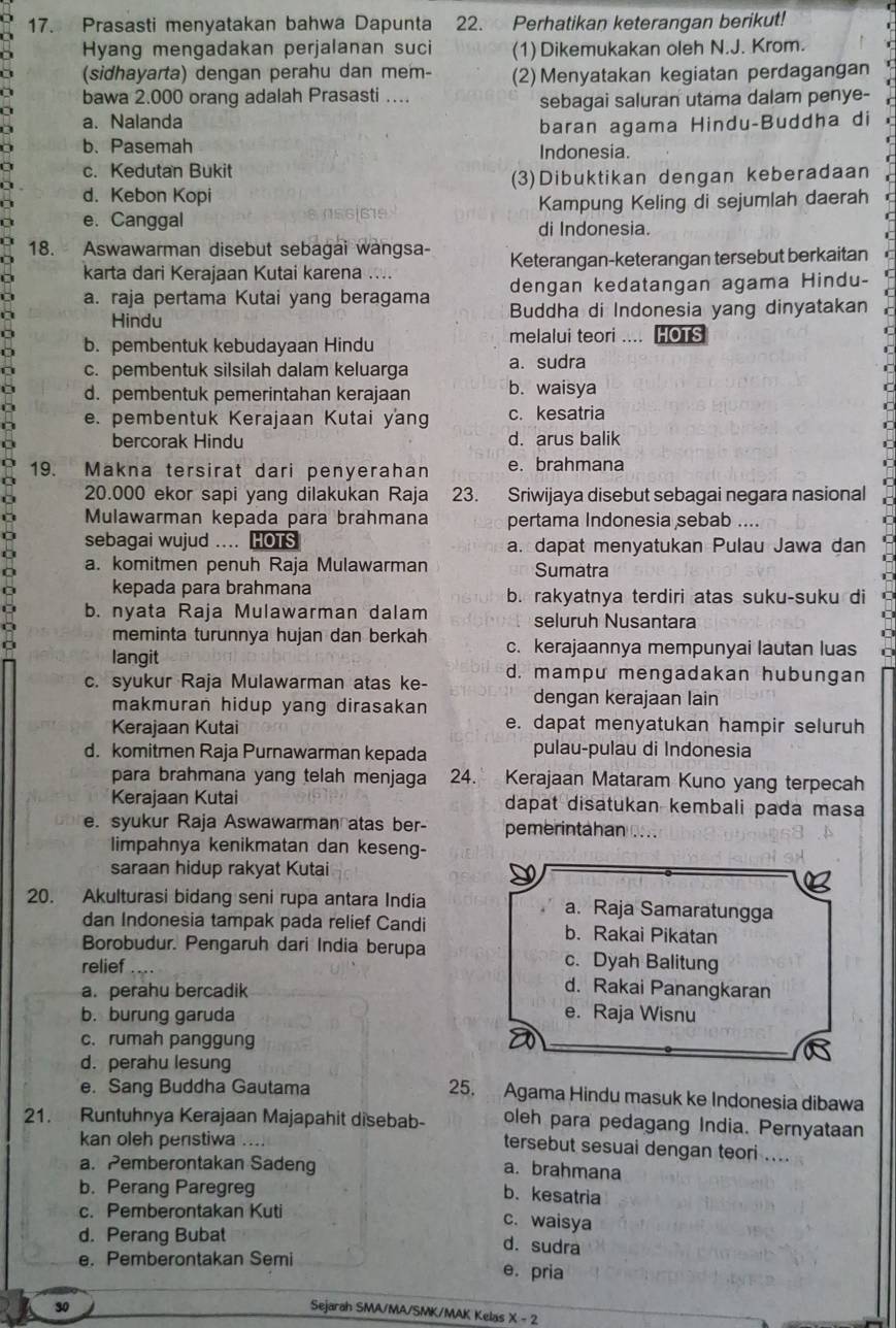 Prasasti menyatakan bahwa Dapunta 22. Perhatikan keterangan berikut!
Hyang mengadakan perjalanan suci (1) Dikemukakan oleh N.J. Krom.
(sidhayarta) dengan perahu dan mem- (2) Menyatakan kegiatan perdagangan
bawa 2.000 orang adalah Prasasti ....
sebagai saluran utama dalam penye-
a. Nalanda
baran agama Hindu-Buddha di
b、 Pasemah Indonesia.
c. Kedutan Bukit
d. Kebon Kopi (3)Dibuktikan dengan keberadaan
Kampung Keling di sejumlah daerah
e. Canggal di Indonesia.
18. Aswawarman disebut sebagai wangsa- Keterangan-keterangan tersebut berkaitan
karta dari Kerajaan Kutai karena ....
a. raja pertama Kutai yang beragama dengan kedatangan agama Hindu-
Hindu Buddha di Indonesia yang dinyatakan
melalui teori ....
b. pembentuk kebudayaan Hindu HOTS
c. pembentuk silsilah dalam keluarga a. sudra
d. pembentuk pemerintahan kerajaan b. waisya
e. pembentuk Kerajaan Kutai yang c. kesatria
bercorak Hindu d. arus balik
19. Makna tersirat dari penyerahan e. brahmana
20.000 ekor sapi yang dilakukan Raja 23. Sriwijaya disebut sebagai negara nasional
Mulawarman kepada para brahmana pertama Indonesia sebab ....
sebagai wujud .... HOTS a. dapat menyatukan Pulau Jawa dan
a. komitmen penuh Raja Mulawarman Sumatra
kepada para brahmana b. rakyatnya terdiri atas suku-suku di
b. nyata Raja Mulawarman dalam seluruh Nusantara
meminta turunnya hujan dan berkah c. kerajaannya mempunyai lautan luas
langit
c. syukur Raja Mulawarman atas ke- d. mampu mengadakan hubungan
makmuran hidup yang dirasakan dengan kerajaan lain
Kerajaan Kutai e. dapat menyatukan hampir seluruh
d. komitmen Raja Purnawarman kepada pulau-pulau di Indonesia
para brahmana yang telah menjaga 24. Kerajaan Mataram Kuno yang terpecah
Kerajaan Kutai dapat disatukan kembali pada masa
e. syukur Raja Aswawarman atas ber- pemerintahan ....
limpahnya kenikmatan dan keseng-
saraan hidup rakyat Kutai
20. Akulturasi bidang seni rupa antara India a. Raja Samaratungga
dan Indonesia tampak pada relief Candi b. Rakai Pikatan
Borobudur. Pengaruh dari India berupa c. Dyah Balitung
relief
a. perahu bercadik
d. Rakai Panangkaran
b. burung garuda e. Raja Wisnu
c. rumah panggung
d. perahu lesung
e. Sang Buddha Gautama 25. Agama Hindu masuk ke Indonesia dibawa
oleh para pedagang India. Pernyataan
21. Runtuhnya Kerajaan Majapahit disebab- tersebut sesuai dengan teori ....
kan oleh penstiwa      
a. Pemberontakan Sadeng
a. brahmana
b. Perang Paregreg
b. kesatria
c. Pemberontakan Kuti
c. waisya
d. Perang Bubat
d. sudra
e. Pemberontakan Semi e. pria
30
Sejarah SMA/MA/SMK/MAK Kelas X - 2