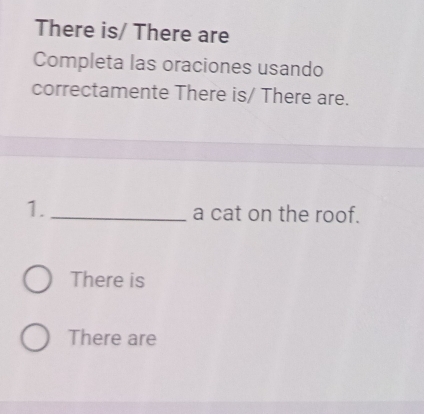 There is/ There are
Completa las oraciones usando
correctamente There is/ There are.
1. _a cat on the roof.
There is
There are