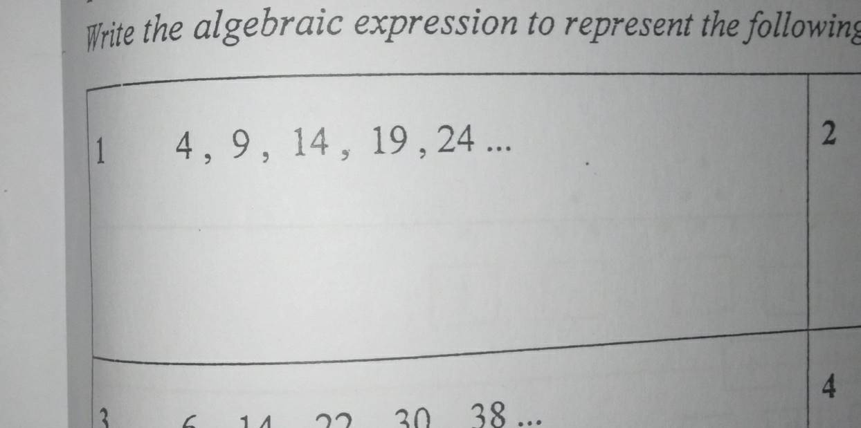 Write the algebraic expression to represent the following 
1 4 , 9 , 14 , 19 , 24... 2
4
3 38...
30