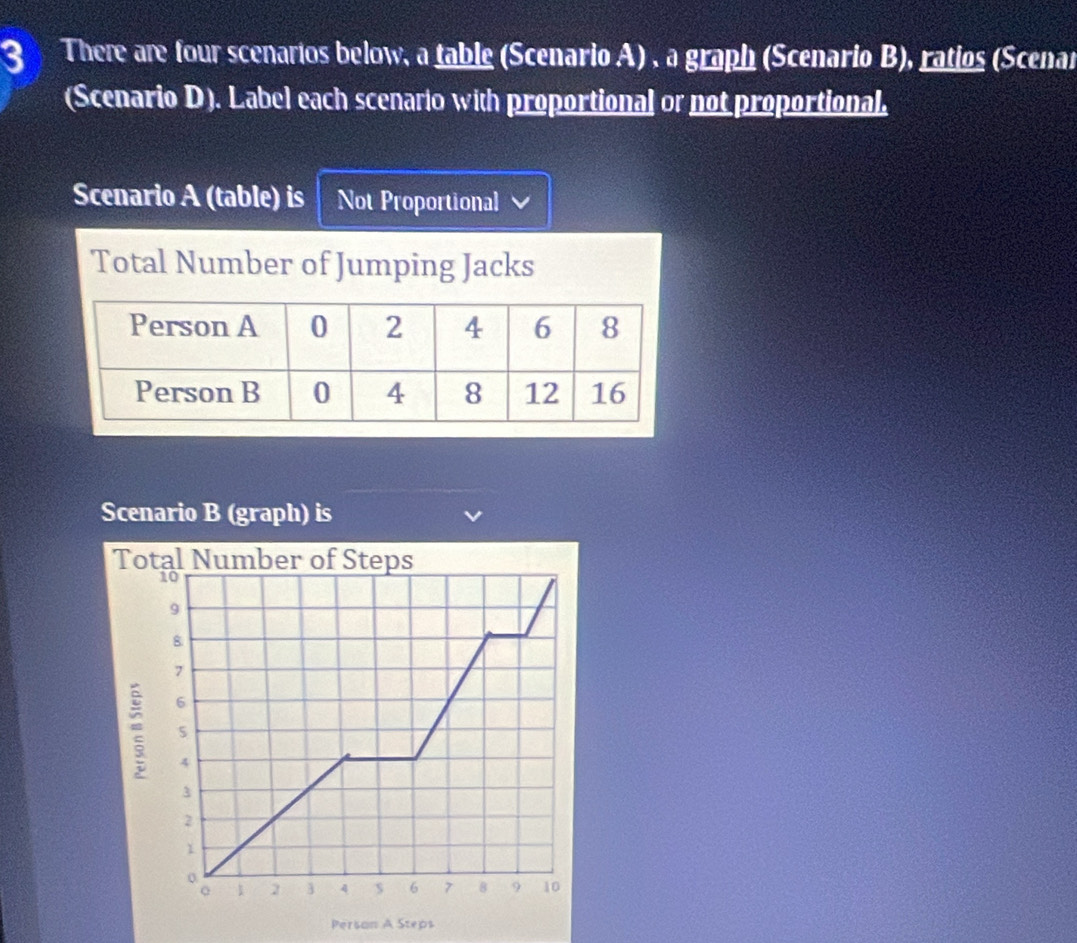 There are four scenarios below, a table (Scenario A) , a graph (Scenario B), ratios (Scenar 
(Scenario D). Label each scenario with proportional or not proportional. 
Scenario A (table) is Not Proportional 
Total Number of Jumping Jacks 
Scenario B (graph) is 
Total Number of Steps
10
9
8
7
6
: s
4
3
2
2 3 4 s 6 8 9 10
Person A Steps