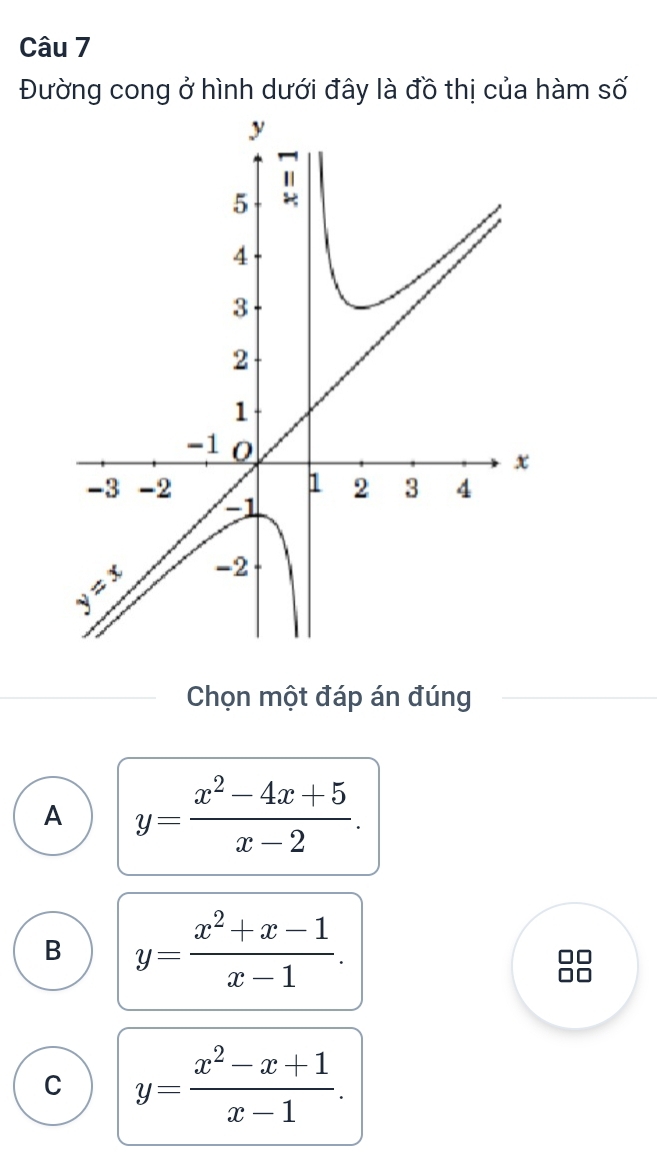 Đường cong ở hình dưới đây là đồ thị của hàm số
Chọn một đáp án đúng
A y= (x^2-4x+5)/x-2 .
B y= (x^2+x-1)/x-1 .
□□
C y= (x^2-x+1)/x-1 .