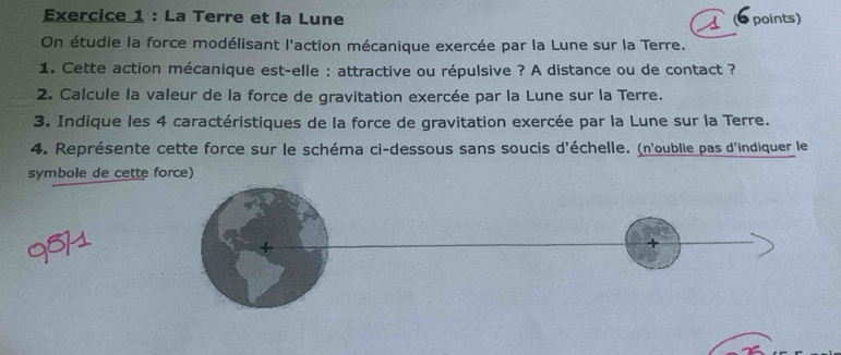 La Terre et la Lune points) 
On étudie la force modélisant l'action mécanique exercée par la Lune sur la Terre. 
1. Cette action mécanique est-elle : attractive ou répulsive ? A distance ou de contact ? 
2. Calcule la valeur de la force de gravitation exercée par la Lune sur la Terre. 
3. Indique les 4 caractéristiques de la force de gravitation exercée par la Lune sur la Terre. 
4. Représente cette force sur le schéma ci-dessous sans soucis d'échelle. (n'oublie pas d'indiquer le 
symbole de cette force) 
951 
+