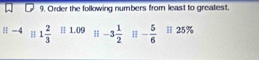 Order the following numbers from least to greatest. 
| -4; 1 2/3  :: 1.09;; -3 1/2  - 5/6  #; 25%