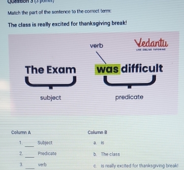 Match the part of the sentence to the correct term:
The class is really excited for thanksgiving break!
verb Vedantu
LFE ONLINE TUTORING
The Exam was difficult
subject predicate
Column A Column B
_
1. Subject a. is
_
2. Predicate b. The class
3. _verb c. is really excited for thanksgiving break!