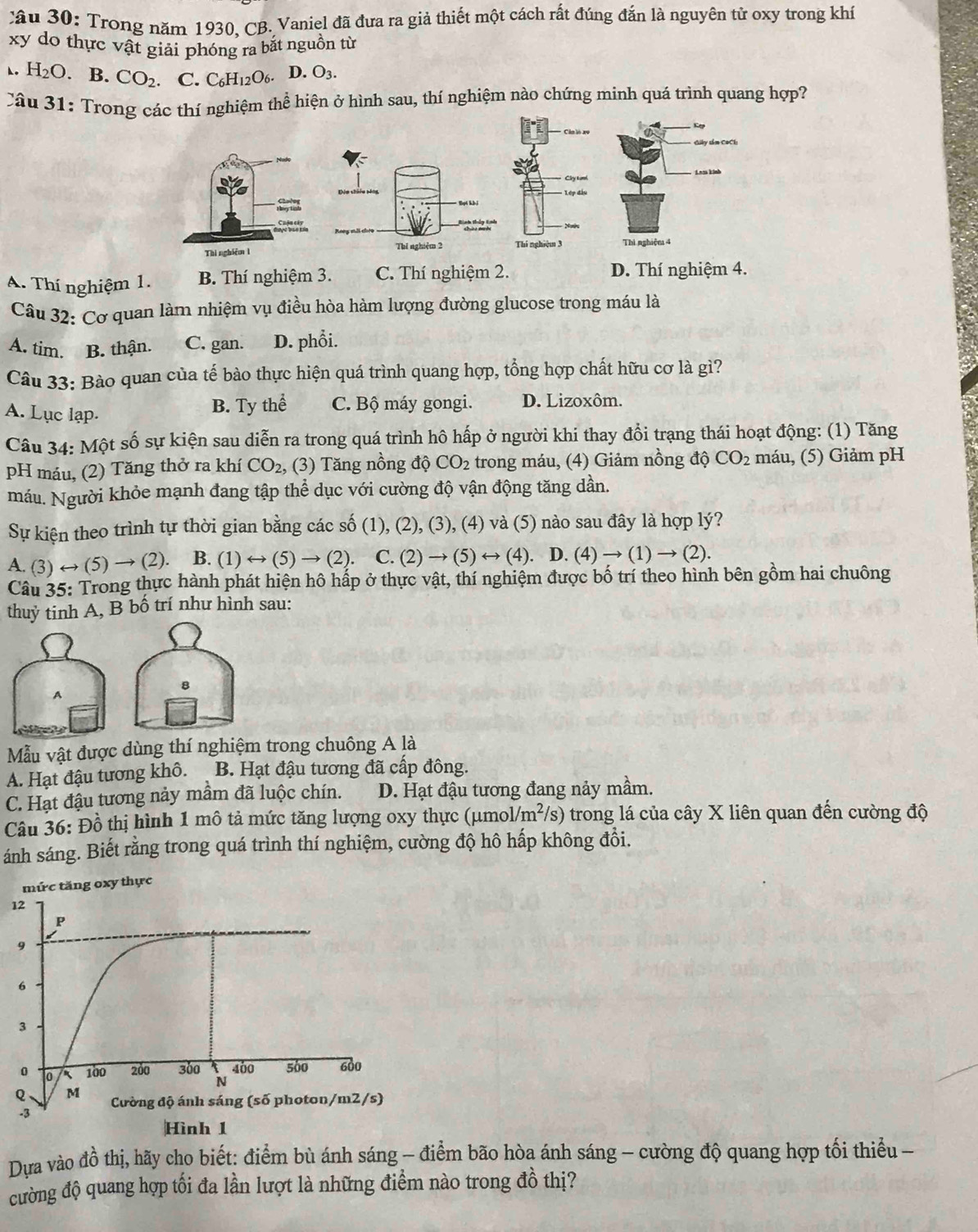 cầu 30: Trong năm 1930, CB. Vaniel đã đưa ra giả thiết một cách rất đúng đắn là nguyên tử oxy trong khí
xy do thực vật giải phóng ra bắt nguồn từ
◣. H_2O. B CO_2. C. C_6H_12O_6. D. O_3.
Câu 31: Trong các thí nghiệm thể hiện ở hình sau, thí nghiệm nào chứng minh quá trình quang hợp?
Clmió xe
dily sm COCh
Lazs kinh
Clytunl
Lớp đầu
Thí nghiệm 3 Thì nghiệm 4
A. Thí nghiệm 1. B. Thí nghiệm 3. C. Thí nghiệm 2. D. Thí nghiệm 4.
Câu 32: Cơ quan làm nhiệm vụ điều hòa hàm lượng đường glucose trong máu là
A. tim. B. thận. C. gan. D. phổi.
Câu 33: Bào quan của tế bào thực hiện quá trình quang hợp, tổng hợp chất hữu cơ là gì?
A. Lục lạp.
B. Ty thể C. Bộ máy gongi. D. Lizoxôm.
Câu 34: Một số sự kiện sau diễn ra trong quá trình hô hấp ở người khi thay đổi trạng thái hoạt động: (1) Tăng
pH máu, (2) Tăng thở ra khí CO_2, , (3) Tăng nồng độ CO_2 trong máu, (4) Giảm nồng độ CO_2 máu, (5) Giảm pH
máu. Người khỏe mạnh đang tập thể dục với cường độ vận động tăng dần.
Sự kiện theo trình tự thời gian bằng các số o (1), (2), (3), (4) và (5) nào sau đây là hợp lý?
A. (3) ↔ (5) → (2). B. (1)rightarrow (5)to (2). C. (2) → (5) √ (4). D. (4)to (1)to (2)
Câu 35: Trong thực hành phát hiện hô hấp ở thực vật, thí nghiệm được bố trí theo hình bên gồm hai chuông
thuỷ tinh A, B bố trí như hình sau:
8
A
Mẫu vật được dùng thí nghiệm trong chuông A là
A. Hạt đậu tương khô. B. Hạt đậu tương đã cấp đông.
C. Hạt đậu tương nảy mầm đã luộc chín. D. Hạt đậu tương đang nảy mầm.
Câu 36: Đồ thị hình 1 mô tả mức tăng lượng oxy thực (μmol /m^2/s ) trong lá của cây X liên quan đến cường độ
ánh sáng. Biết rằng trong quá trình thí nghiệm, cường độ hô hấp không đổi.
ực
1
Dựa vào đồ thị, hãy cho biết: điểm bù ánh sáng - điểm bão hòa ánh sáng - cường độ quang hợp tối thiểu -
cường độ quang hợp tối đa lần lượt là những điểm nào trong đồ thị?