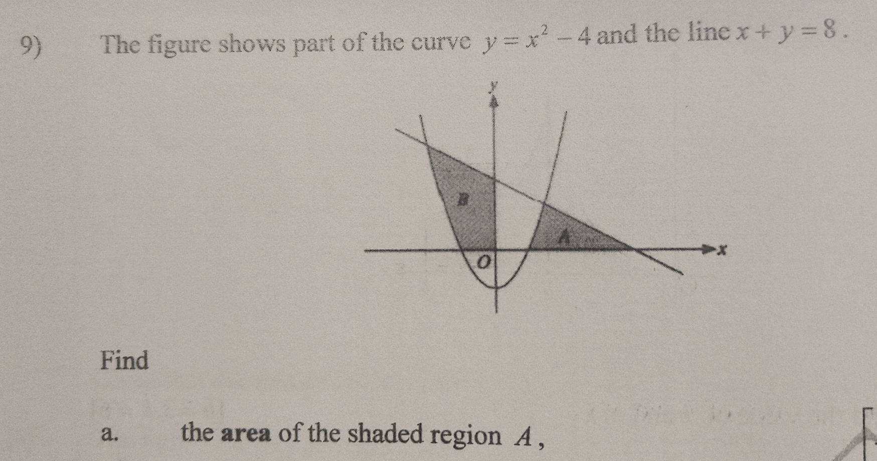 The figure shows part of the curve y=x^2-4 and the line x+y=8. 
Find
a. the area of the shaded region A ,