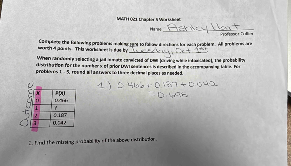 Solved: MATH 021 Chapter 5 Worksheet Name_ Professor Collier Complete ...