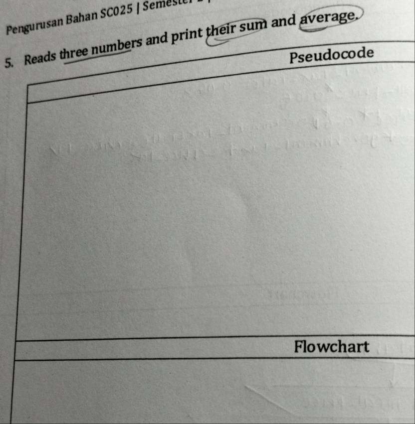 Pengurusan Bahan SC025 | Semeste 
5. Reads three numbers and print their sum and average. 
Pseudocode 
Flowchart