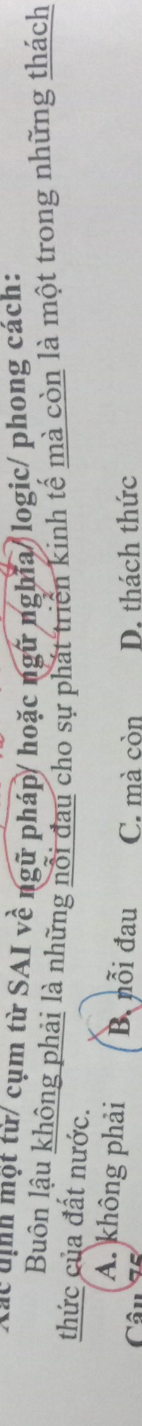 Các uịnh mọt từ/ cụm từ SAI về ngữ pháp/ hoặc ngữ nghĩa/logic/ phong cách:
Buôn lậu không phải là những nổi đau cho sự phát triển kinh tế mà còn là một trong những thách
thức của đất nước.
A. không phải B nỗi đau C. mà còn
Câu D. thách thức