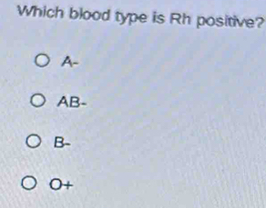 Which blood type is Rh positive?
A-
AB-
B-
O+