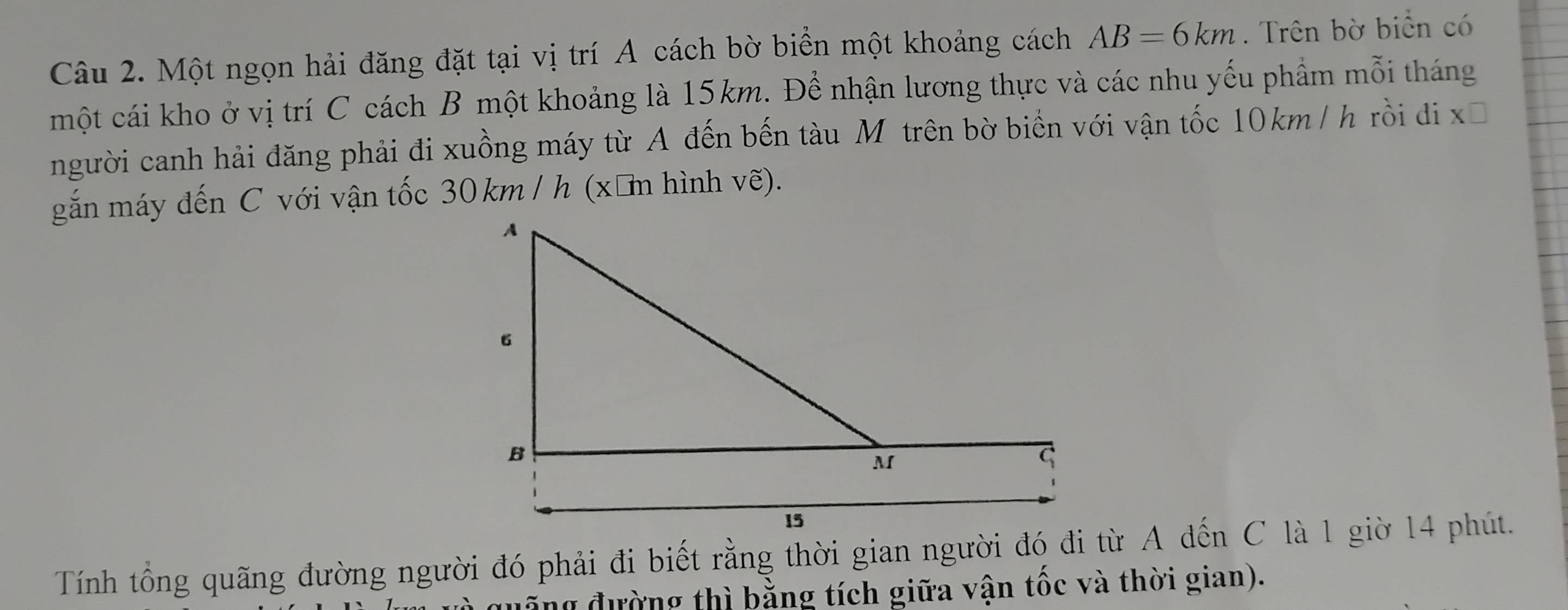 Một ngọn hải đăng đặt tại vị trí A cách bờ biển một khoảng cách AB=6km. Trên bờ biển có 
một cái kho ở vị trí C cách B một khoảng là 15km. Để nhận lương thực và các nhu yếu phẩm mỗi tháng 
người canh hải đăng phải đi xuồng máy từ A đến bến tàu M trên bờ biển với vận tốc 10km / h rồi di X□
gắn máy đến C với vận tốc 30 km / h (xīn hình vẽ). 
Tính tổng quãng đường người đó phải đi biết rằng thời gian người đó đi từ A đến C là 1 giờ 14 phút. 
n đường thì bằng tích giữa vận tốc và thời gian).