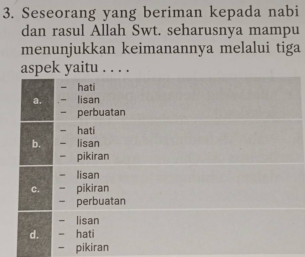 Seseorang yang beriman kepada nabi
dan rasul Allah Swt. seharusnya mampu
menunjukkan keimanannya melalui tiga
aspek yaitu . . . .
hati
a. lisan
perbuatan
hati
b. lisan
pikiran
lisan
c. - pikiran
- perbuatan
lisan
d. hati
- pikiran