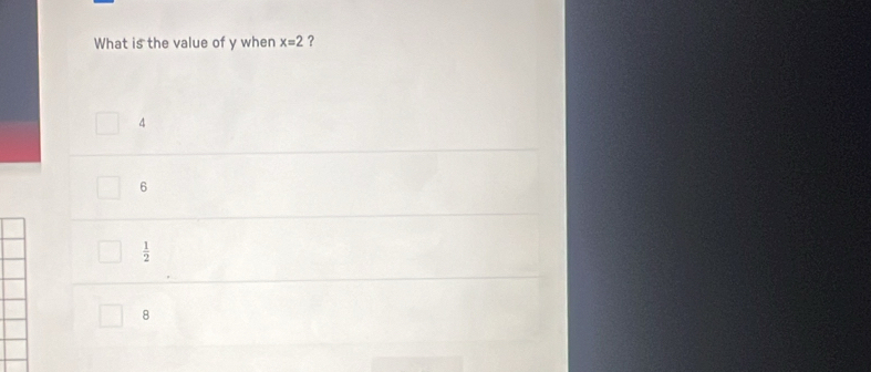 What is the value of y when x=2 ?
4
6
 1/2 
8