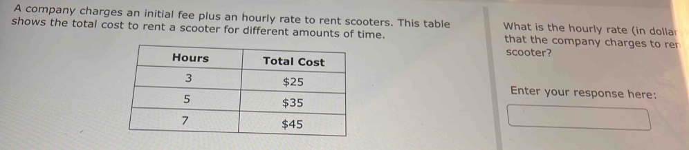 A company charges an initial fee plus an hourly rate to rent scooters. This table What is the hourly rate (in dollar 
shows the total cost to rent a scooter for different amounts of time. that the company charges to re 
scooter? 
Enter your response here: