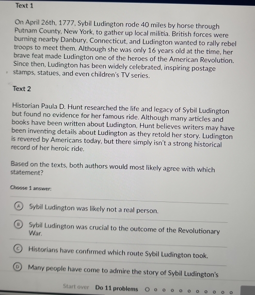 Solved: Text 1 On April 26th, 1777, Sybil Ludington rode 40 miles by ...