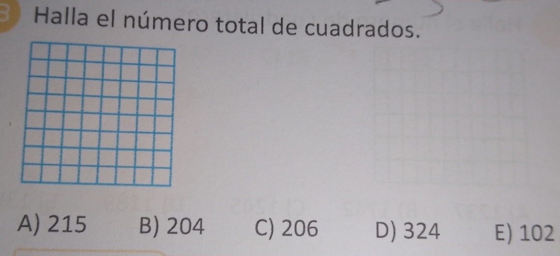 Halla el número total de cuadrados.
A) 215 B) 204 C) 206 D) 324 E) 102