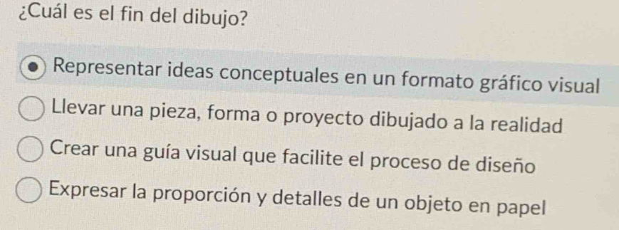 ¿Cuál es el fin del dibujo?
Representar ideas conceptuales en un formato gráfico visual
Llevar una pieza, forma o proyecto dibujado a la realidad
Crear una guía visual que facilite el proceso de diseño
Expresar la proporción y detalles de un objeto en papel