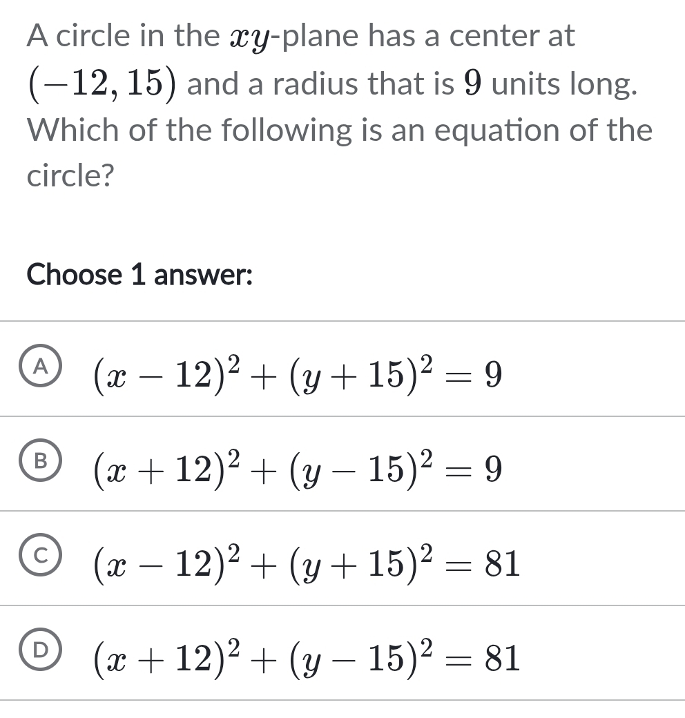 A circle in the xy -plane has a center at
(-12,15) and a radius that is 9 units long.
Which of the following is an equation of the
circle?
Choose 1 answer:
a (x-12)^2+(y+15)^2=9
B (x+12)^2+(y-15)^2=9
C (x-12)^2+(y+15)^2=81
D (x+12)^2+(y-15)^2=81