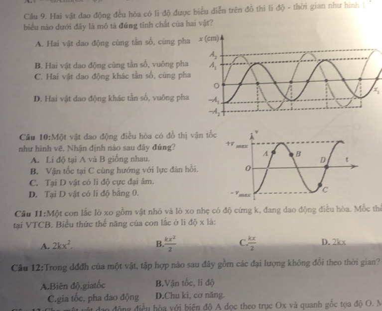 Hai vật dao động đều hòa có li độ được biểu diễn trên đồ thi li độ - thời gian như hình |
biểu nào dưới đây là mô tà đứng tính chất của hai vật?
A. Hai vật dao động cùng tần số, cùng ph
B. Hai vật dao động cùng tần số, vuông pha
C. Hai vật dao động khác tần số, cùng ph
x_1
D. Hai vật dao động khác tần số, vuông pha
Câu 10:Một vật dao động điều hòa có ở Z_1 thị vận tố
như hình vẽ. Nhận định nào sau đây đúng?
A. Li độ tại A và B giống nhau.
B. Vận tốc tại C cùng hướng với lực đàn hồi.
C. Tại D vật có li độ cực đại âm.
D. Tại D vật có li độ băng 0. 
Câu 11:Một con lắc lõ xo gồm vật nhỏ và lò xo nhẹ có độ cứng k, đang dao động điều hòa. Mốc thể
tại VTCB. Biểu thức thế năng của con lắc ở li độ x là:
A. 2kx^2. B  kx^2/2  C  kx/2  D. 2kx
Câu 12:Trong dđđh của một vật, tập hợp nào sau đây gồm các đại lượng không đổi theo thời gian?
A.Biên độ,giatốc B.Vận tốc, li độ
C.gia tốc, pha dao động D.Chu ki, cơ năng.
đất đạo động điều hòa với biên độ A dọc theo trục Ox và quanh gốc tọa độ O. M