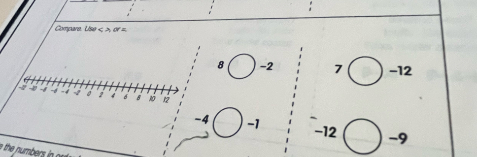 Compare. Use <>,or=
8 -2 7 -12
-4 -1
-12 -9
the numbers i o