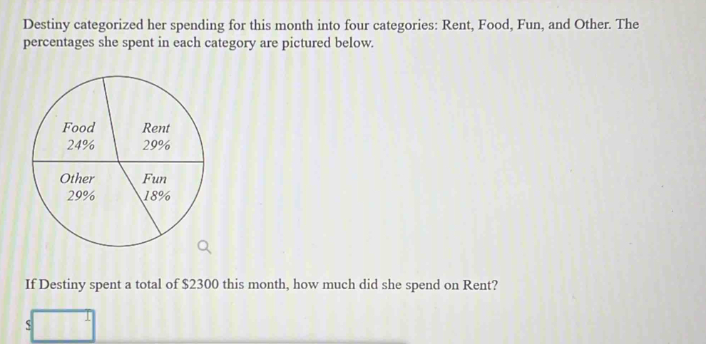 Destiny categorized her spending for this month into four categories: Rent, Food, Fun, and Other. The 
percentages she spent in each category are pictured below. 
If Destiny spent a total of $2300 this month, how much did she spend on Rent?