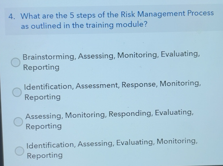 Solved: What are the 5 steps of the Risk Management Process as outlined ...