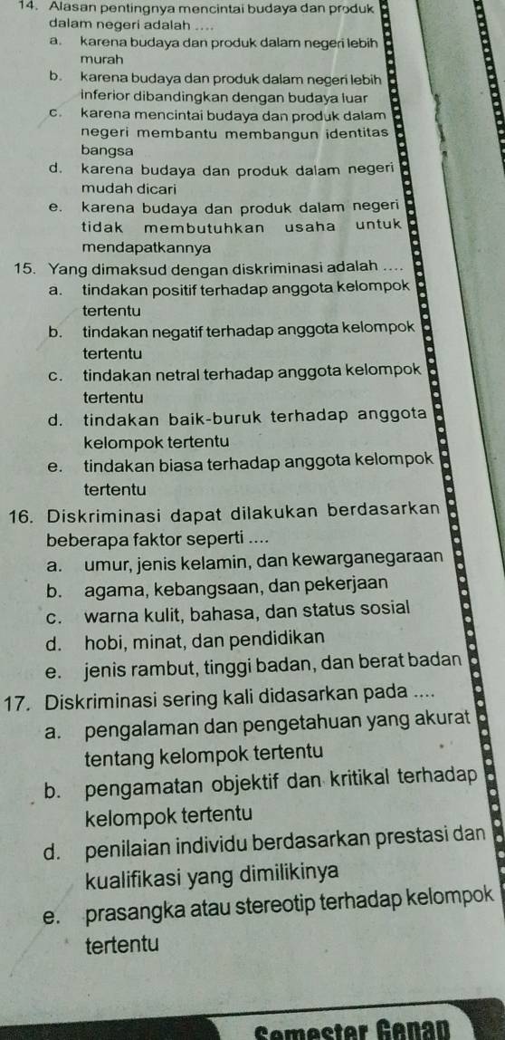 Alasan pentingnya mencintai budaya dan produk
dalam negeri adalah ...
a. karena budaya dan produk dalam negeri lebih
murah :
b. karena budaya dan produk dalam negeri lebih
inferior dibandingkan dengan budaya luar
c. karena mencintai budaya dan produk dalam
negeri membantu membangun identitas 
bangsa
d. karena budaya dan produk dalam negeri
mudah dicari
e. karena budaya dan produk dalam negeri
tidak membutuhkan usaha untuk 
mendapatkannya
15. Yang dimaksud dengan diskriminasi adalah ...
a. tindakan positif terhadap anggota kelompok
tertentu
b. tindakan negatif terhadap anggota kelompok
tertentu
c. tindakan netral terhadap anggota kelompok
tertentu
d. tindakan baik-buruk terhadap anggota
kelompok tertentu
e. tindakan biasa terhadap anggota kelompok
tertentu
16. Diskriminasi dapat dilakukan berdasarkan
beberapa faktor seperti ....
a. umur, jenis kelamin, dan kewarganegaraan
b. agama, kebangsaan, dan pekerjaan
c. warna kulit, bahasa, dan status sosial
d. hobi, minat, dan pendidikan
e. jenis rambut, tinggi badan, dan berat badan
17. Diskriminasi sering kali didasarkan pada ....
a. pengalaman dan pengetahuan yang akurat
tentang kelompok tertentu
b. pengamatan objektif dan kritikal terhadap
kelompok tertentu
d. penilaian individu berdasarkan prestasi dan
kualifikasi yang dimilikinya
e. prasangka atau stereotip terhadap kelompok
tertentu
Semester Genan