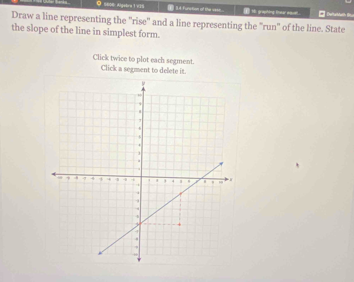 Outer Banks. 5606: Algebra 1 V25 1 3.4 Furiction of the vase... 16: graphing linear equat... DeitaMath Stu 
Draw a line representing the "rise" and a line representing the "run" of the line. State 
the slope of the line in simplest form. 
Click twice to plot each segment. 
Click a segment to delete it.