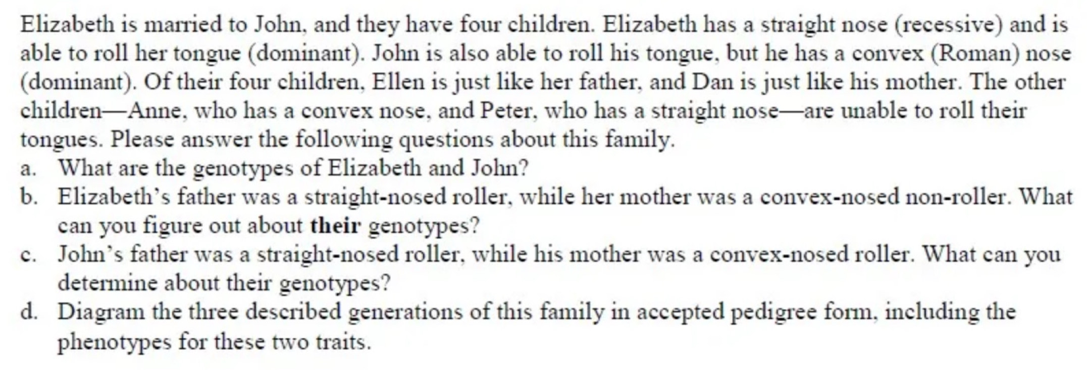 Elizabeth is married to John, and they have four children. Elizabeth has a straight nose (recessive) and is 
able to roll her tongue (dominant). John is also able to roll his tongue, but he has a convex (Roman) nose 
(dominant). Of their four children, Ellen is just like her father, and Dan is just like his mother. The other 
children—Anne, who has a convex nose, and Peter, who has a straight nose—are unable to roll their 
tongues. Please answer the following questions about this family. 
a. What are the genotypes of Elizabeth and John? 
b. Elizabeth’s father was a straight-nosed roller, while her mother was a convex-nosed non-roller. What 
can you figure out about their genotypes? 
c. John’s father was a straight-nosed roller, while his mother was a convex-nosed roller. What can you 
determine about their genotypes? 
d. Diagram the three described generations of this family in accepted pedigree form, including the 
phenotypes for these two traits.