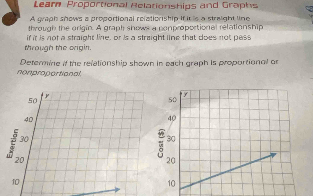 Learn Proportional Relationships and Graphs 
A graph shows a proportional relationship if it is a straight line 
through the origin. A graph shows a nonproportional relationship 
if it is not a straight line, or is a straight line that does not pass 
through the origin. 
Determine if the relationship shown in each graph is proportional or 
nonproportional.
y
50
40
30
20
10