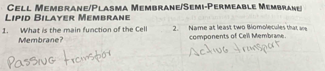 Cell Membrane/Plasma Membrane/Semi-Permeable Membrane/ 
Lipid Bilayer Membrane 
1. What is the main function of the Cell 2. Name at least two Biomolecules that are 
Membrane? components of Cell Membrane.