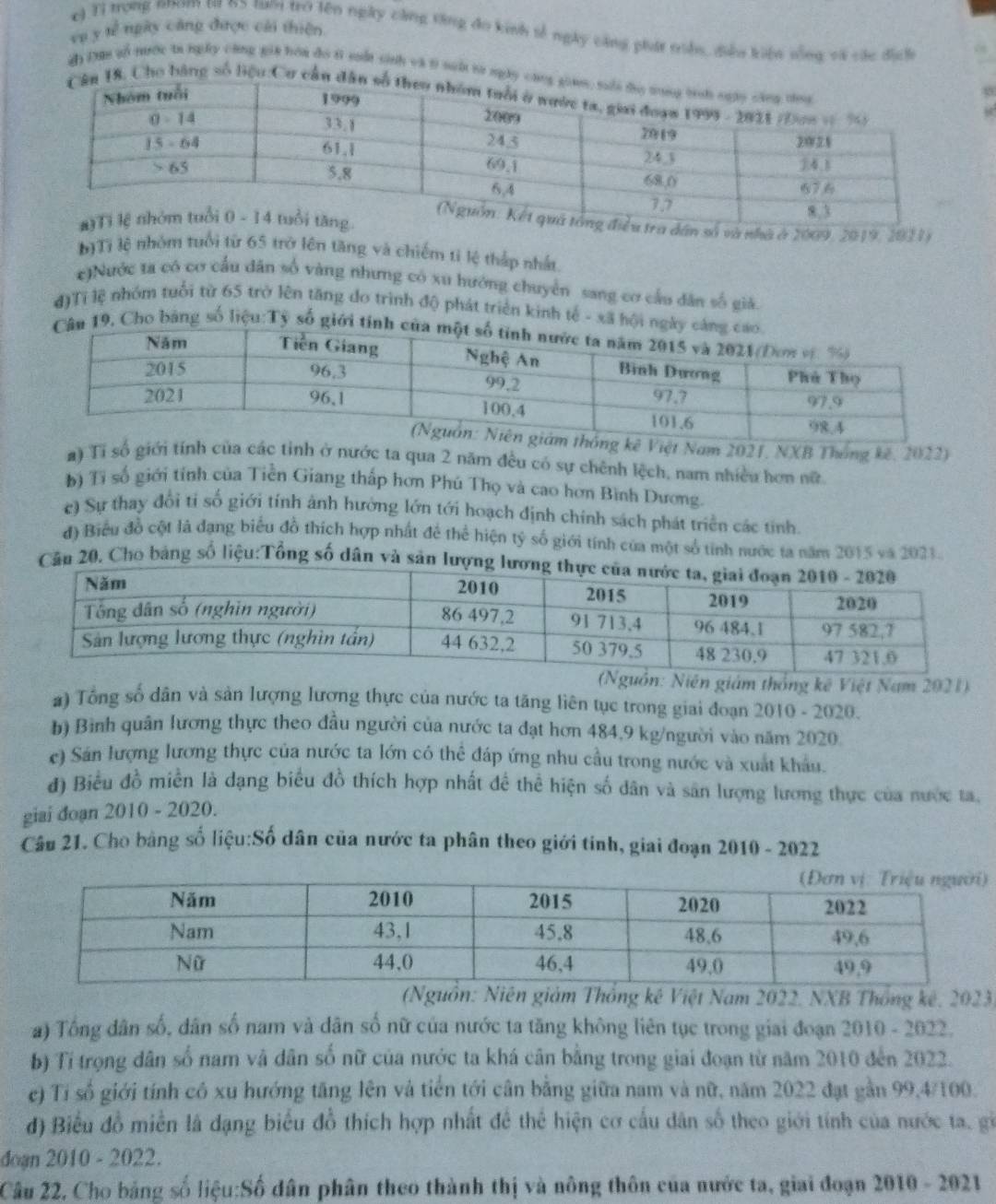 va y tế ngày cāng được cái thiên
c) Tỉ trong nom tư 65 tuớ trò lên ngày cảng tăng đo kinh tế ngày cảng phát trền, diễn kiện sống và vác địch
d Dân vổ nước ta ngày công giá bóa đo tì sất sinh và t suấi từ ngày
8. Cho bằng số liệu:Cơ cần 
n số và nhà ở 2009, 2019, 2021)
b)Ti lệ nhóm tuổi từ 65 trở lên tăng và chiếm tỉ lệ thấp nhất.
c)Nước ta có cơ cầu dân số vàng nhưng có xu hướng chuyển sang cơ cầu dân số giả
đ)Tỉ lệ nhóm tuổi từ 65 trở lên tăng do trình độ phát triển kinh tế - xã hội ngà
u 19, Cho bằng số liệu:Tỷ số giới tính
Việt Nam 2021, NXB Thắng kê, 2022)
a) Tỉ số giới tính của các tỉnh ở nước ta qua 2 năm đều có sự chênh lệch, nam nhiều hơn nữ
b) Ti số giới tính của Tiền Giang thấp hơn Phú Thọ và cao hơn Bình Dương.
c) Sự thay đổi tỉ số giới tính ảnh hưởng lớn tới hoạch định chính sách phát triển các tính.
đ) Biểu đồ cột là đạng biểu đồ thích hợp nhất để thể hiện tỷ số giới tính của một số tính nước ta năm 2015 và 2021.
Cầu 20, Cho bảng số liệu:Tổng số dân và sản lượng lươ
(Nguồn: Niên giám thống kê Việt Nam 2021)
a) Tổng số dân và sản lượng lương thực của nước ta tăng liên tục trong giai đoạn 2010 - 2020.
b) Bình quân lương thực theo đầu người của nước ta đạt hơn 484,9 kg/người vào năm 2020.
c) Sán lượng lương thực của nước ta lớn có thể đáp ứng nhu cầu trong nước và xuất khẩu.
đ) Biểu đồ miền là dạng biểu đồ thích hợp nhất đề thể hiện số dân và sân lượng lương thực của nước ta,
giai đoạn 2010 - 2020.
Cầu 21. Cho bằng số liệu:Số dân của nước ta phân theo giới tinh, giai đoạn 2010 - 2022
(Nguồn: Niên giảm Thống kê Việt Nam 2022. NXB Thống kê. 2023)
a) Tổng dân số, dân số nam và dân số nữ của nước ta tăng không liên tục trong giai đoạn 2010 - 2022.
b) Tỉ trọng dân số nam và dân số nữ của nước ta khá cân bằng trong giai đoạn từ năm 2010 đến 2022.
e) Ti số giới tính có xu hướng tăng lên và tiến tới cân bằng giữa nam và nữ, năm 2022 đạt gần 99,4/100.
d) Biểu đồ miền là dạng biểu đồ thích hợp nhất để thể hiện cơ cầu dân số theo giới tính của nước ta, gi
doạn 2010 - 2022.
Câu 22, Cho bảng số liệu:Số dân phân theo thành thị và nông thôn của nước ta, giai đoạn 2010 - 2021