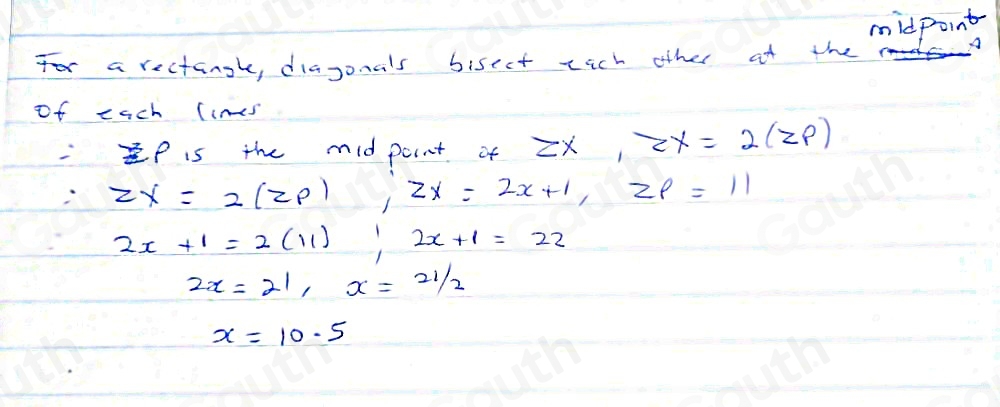 Solved: Quadrilateral WXYZ is a rectangle. If ZX=2x+1 and ZP=11 , find ...