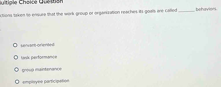 Iultiple Choice Questión
ctions taken to ensure that the work group or organization reaches its goals are called _behaviors.
servant-oriented
task performance
group maintenance
employee participation