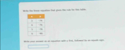 Write the linear equation that gives the rule for this table. 
Write your answer as an equation with y first, foillowed by an equals sign.