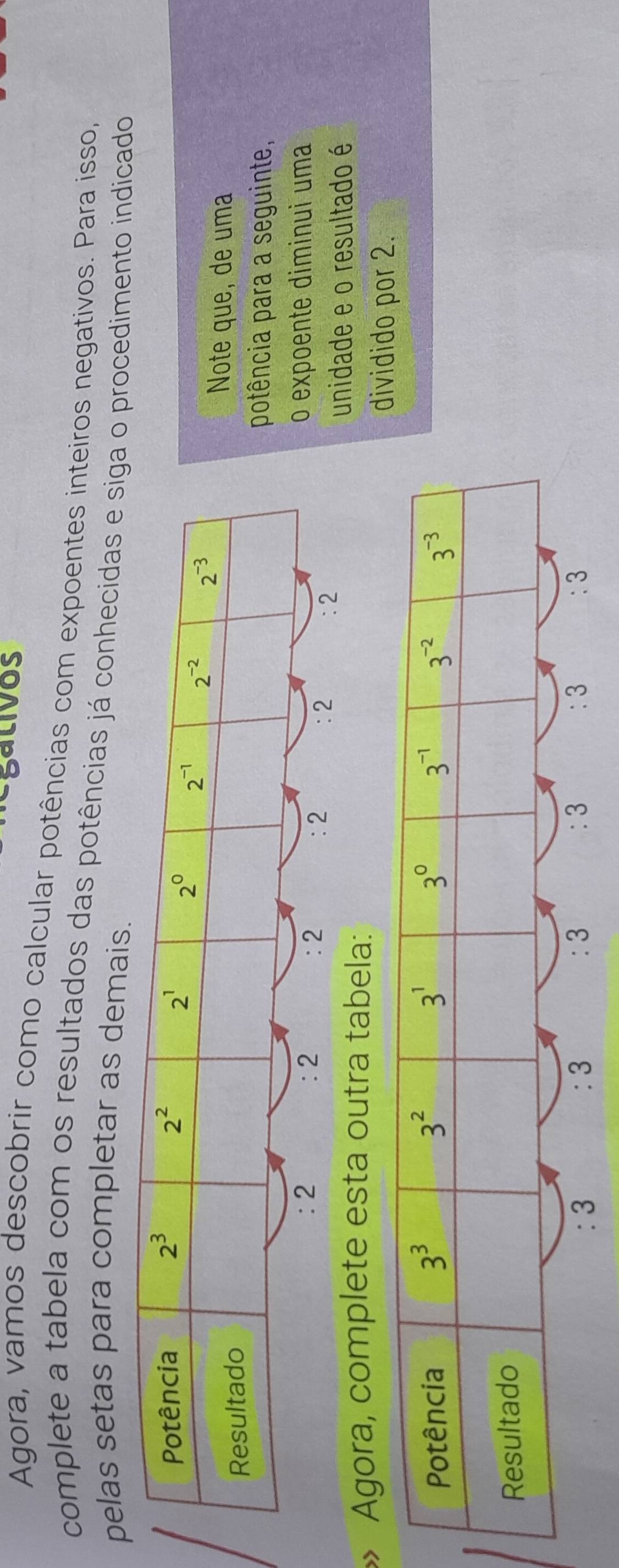 gativos
Agora, vamos descobrir como calcular potências com expoentes inteiros negativos. Para isso,
complete a tabela com os resultados das potências já conhecidas e siga o procedimento indicado
pelas setas para completar as demais.
ote que, de uma
ncia para a seguinte,
: 2 :2 o expoente diminui uma
:2 : 2 : 2 : 2
» Agora, complete esta outra tabela:
unidade e o resultado é
o por 2.
: 3 : 3 : 3 : 3 : 3 :3