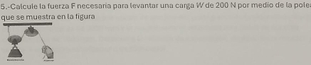 5.-Calcule la fuerza F necesaria para levantar una carga W de 200 N por medio de la pole 
que se muestra en la figura