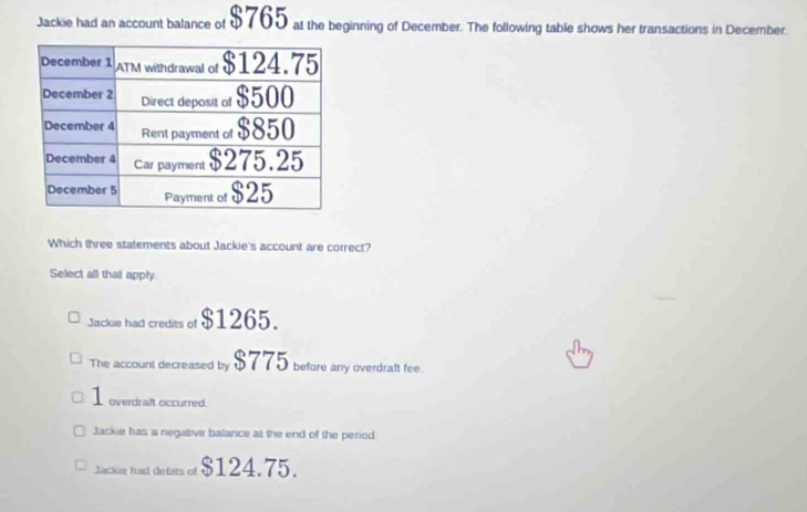 Jackie had an account balance of $765 at the beginning of December. The following table shows her transactions in December.
Which three statements about Jackie's account are correct?
Select all that apply
Jackie had credits of $1265.
The account decreased by $775 before any overdraft fee.
1 overdralt occurred.
Jacke has a negative balance at the end of the period.
Jacke had debists of $124.75.