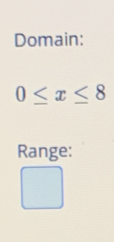 Domain:
0≤ x≤ 8
Range: