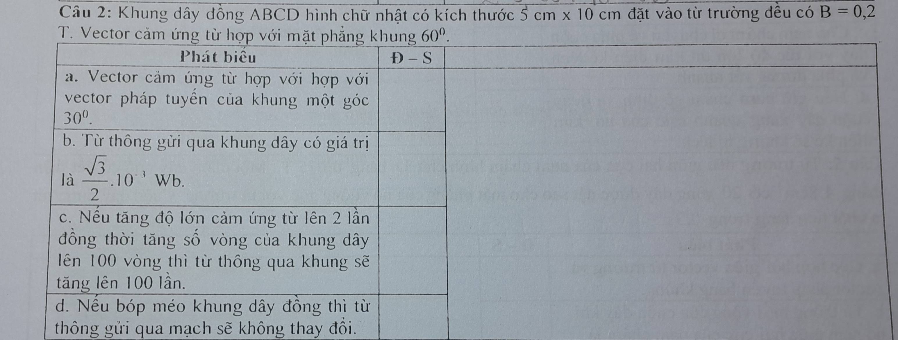 Khung dây đồng ABCD hình chữ nhật có kích thước 5cm* 10cm đặt vào từ trường đều có B=0,2
thông gửi qua mạch sẽ không thay đổi.