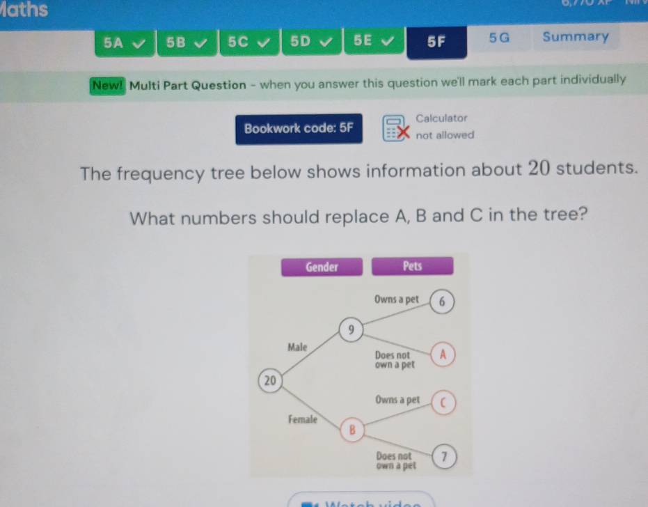 1aths 
5A 5B 5C 5D 5 E 5F 5G Summary 
Newl Multi Part Question - when you answer this question we'll mark each part individually 
Bookwork code: 5F Calculator 
not allowed 
The frequency tree below shows information about 20 students. 
What numbers should replace A, B and C in the tree?