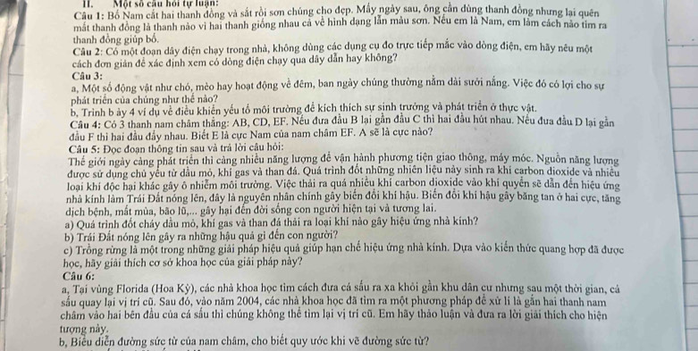 Một số câu hỏi tự luận:
Câu 1: Bồ Nam cát hai thanh đồng và sắt rồi sơn chúng cho đẹp. Mẫy ngày sau, ông cần dùng thanh đồng nhưng lại quên
mất thanh đồng là thanh nào vì hai thanh giống nhau cả về hình dạng lần màu sơn. Nếu em là Nam, em làm cách nao tim ra
thanh đồng giúp bố.
Câu 2: Có một đoạn dây điện chạy trong nhà, không dùng các dụng cụ đo trực tiếp mắc vào dòng điện, em hãy nêu một
cách đơn giản đề xác định xem có dòng điện chạy qua dây dẫn hay không?
Câu 3:
a, Một số động vật như chó, mèo hay hoạt động về đêm, ban ngày chúng thường nằm dài sưới nắng. Việc đó có lợi cho sư
phát triển của chúng như thế nào?
b. Trình b ảy 4 ví dụ về điều khiển yếu tố môi trường để kích thích sự sinh trưởng và phát triển ở thực vật.
Câu 4: Có 3 thanh nam châm thắng: AB, CD, EF. Nếu đưa đầu B lại gần đầu C thì hai đầu hút nhau. Nếu đưa đầu D lại gần
đầu F thì hai đầu đầy nhau. Biết E là cực Nam của nam châm EF. A sẽ là cực nào?
Câu 5: Đọc đoạn thông tin sau và trả lời câu hỏi:
Thể giới ngày cảng phát triển thì cảng nhiều năng lượng để vận hành phương tiện giao thông, máy móc. Nguồn năng lượng
được sử dụng chủ yếu từ dầu mỏ, khỉ gas và than đá. Quá trình đốt những nhiên liệu này sinh ra khí carbon dioxide và nhiều
loại khí độc hại khác gây ô nhiễm môi trường. Việc thải ra quá nhiều khí carbon djoxide vào khi quyển sẽ dẫn đến hiệu ứng
nhà kính làm Trái Đất nóng lên, đây là nguyên nhân chính gây biến đổi khí hậu. Biến đổi khi hậu gây băng tan ở hai cực, tăng
dịch bệnh, mắt mùa, bão lũ,... gây hại đến đời sống con người hiện tại và tương lai.
a) Quá trình đốt cháy dầu mỏ, khí gas và than đá thải ra loại khí nào gây hiệu ứng nhà kính?
b) Trái Đất nóng lên gây ra những hậu quả gì đến con người?
c) Trồng rừng là một trong những giải pháp hiệu quả giúp hạn chế hiệu ứng nhà kính. Dựa vào kiến thức quang hợp đã được
học, hãy giải thích cơ sở khoa học của giải pháp này?
Câu 6:
a, Tại vùng Florida (Hoa Kdot y) 0, các nhà khoa học tìm cách đưa cá sấu ra xa khỏi gần khu dân cư nhưng sau một thời gian, cá
sấu quay lại vị trí cũ. Sau đó, vào năm 2004, các nhà khoa học đã tìm ra một phương pháp để xử lí là gắn hai thanh nam
châm vảo hai bên đầu của cá sầu thì chúng không thể tìm lại vị trí cũ. Em hãy thảo luận và đưa ra lời giải thích cho hiện
tượng này.
b, Biểu diễn đường sức từ của nam châm, cho biết quy ước khi vẽ đường sức từ?