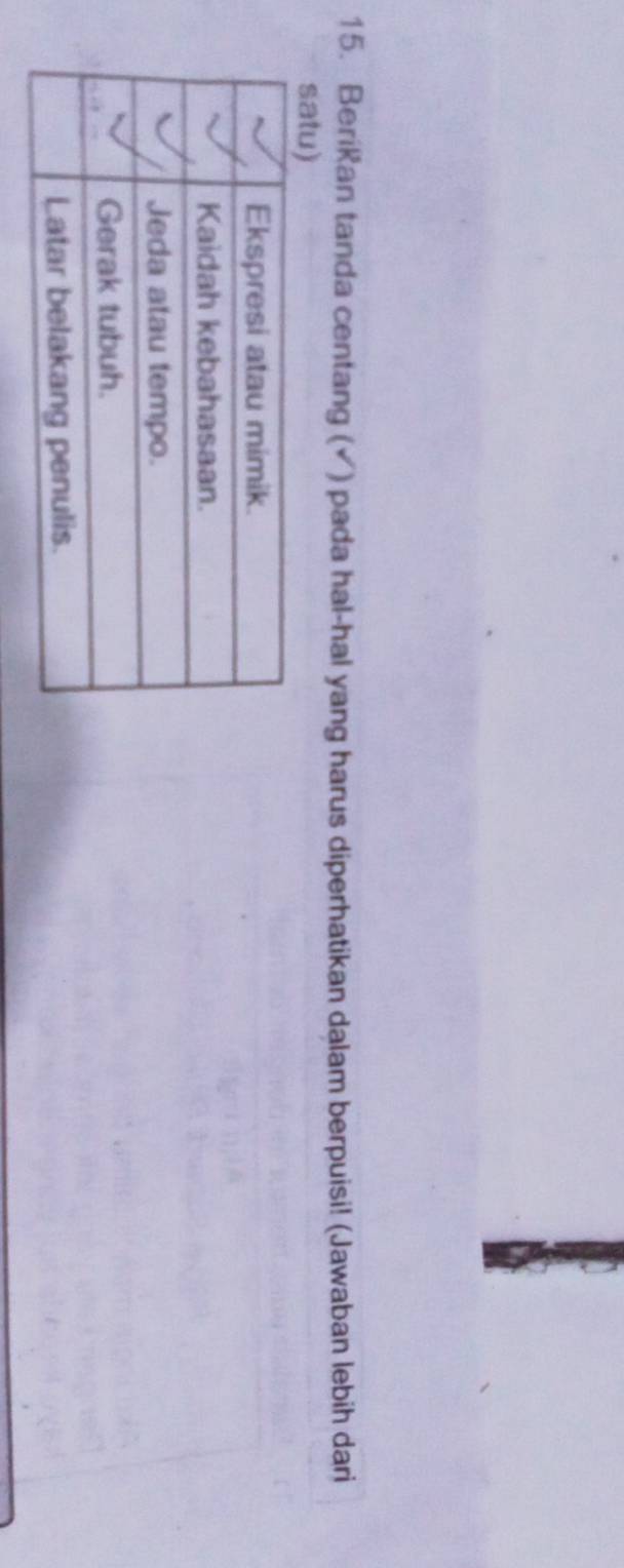 Berikan tanda centang (√) pada hal-hal yang harus diperhatikan dalam berpuisi! (Jawaban lebih dari