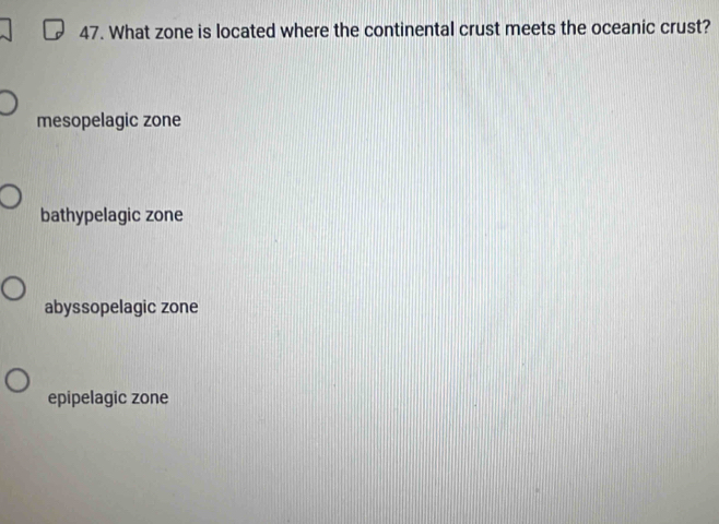 What zone is located where the continental crust meets the oceanic crust?
mesopelagic zone
bathypelagic zone
abyssopelagic zone
epipelagic zone