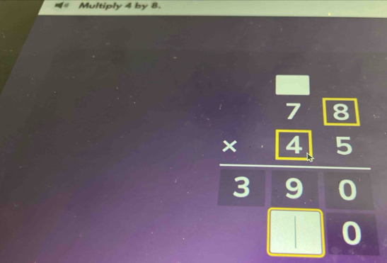 Multiply 4 by 8.
beginarrayr 7beginarrayr 7 7encloselongdiv 2