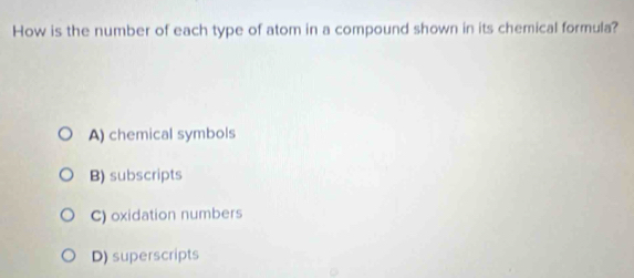 How is the number of each type of atom in a compound shown in its chemical formula?
A) chemical symbols
B) subscripts
C) oxidation numbers
D) superscripts