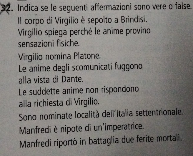 Indica se le seguenti affermazioni sono vere o false. 
Il corpo di Virgilio è sepolto a Brindisi. 
Virgilio spiega perché le anime provino 
sensazioni fisiche. 
Virgilio nomina Platone. 
Le anime degli scomunicati fuggono 
alla vista di Dante. 
Le suddette anime non rispondono 
alla richiesta di Virgilio. 
Sono nominate località dell´Italia settentrionale. 
Manfredi è nipote di un'imperatrice. 
Manfredi riportò in battaglia due ferite mortali.