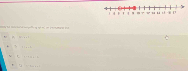 entify the compound inequality graphed on the number line
^ 6>x>9
B 0
C x>6 x<0</tex>
x<6</tex> x>0