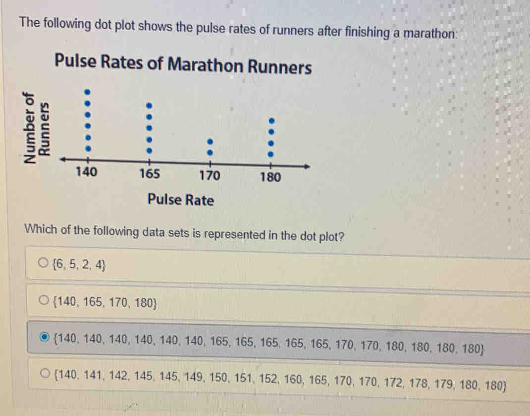 The following dot plot shows the pulse rates of runners after finishing a marathon:
Pulse Rates of Marathon Runners
Pulse Rate
Which of the following data sets is represented in the dot plot?
 6,5,2,4
 140,165,170,180
 140,140,140,140,140,140,165,165,165, , 165, 170, 170, 1 80,180,180,180
 140,141,142,145,145,149,150,151,152,160,165, 70 170,172,178,179,180,180