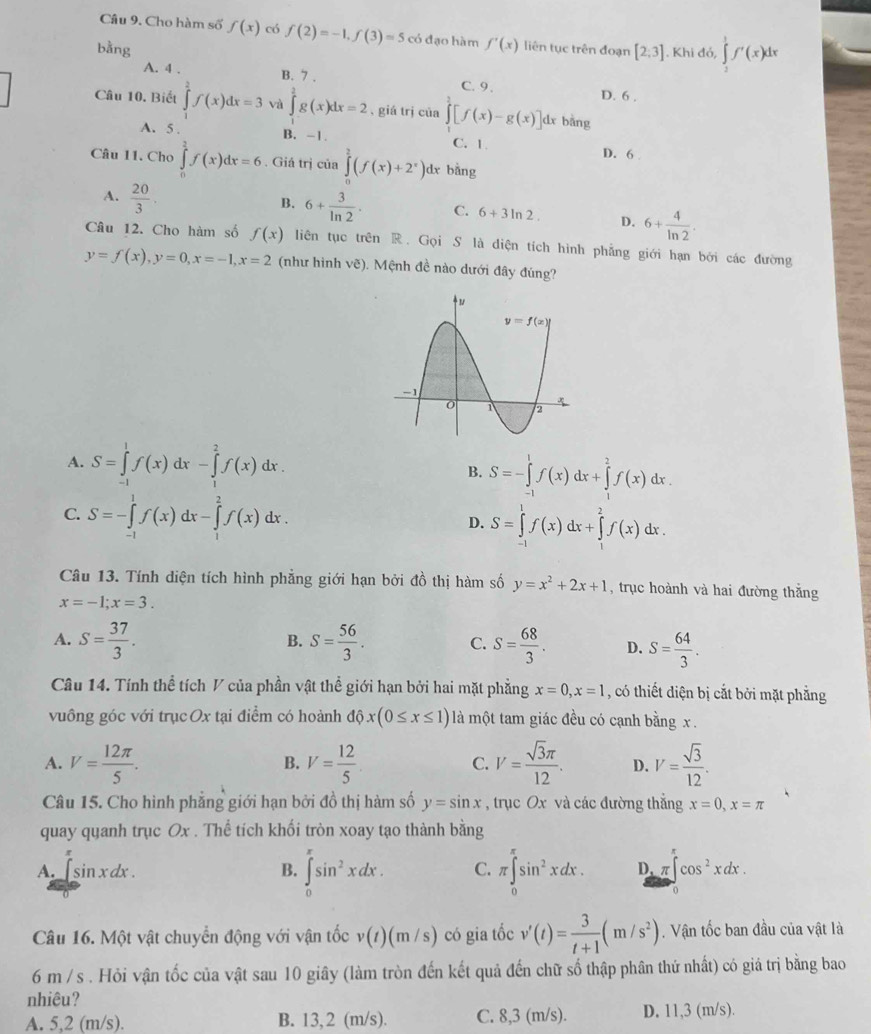 Cho hàm số f(x) có f(2)=-1,f(3)=5 có đạo hàm
bằng f'(x) liên tục trên đoạn [2;3] Khi đ b.∈tlimits _2^(1f'(x)dx
A. 4 . B. 7 . D. 6 .
C. 9,
Câu 10. Biết ∈tlimits _2^2f(x)dx=3 và ∈tlimits _0^2g(x)dx=2 ,giá trị của ∈tlimits [f(x)-g(x)] dx bàng
A. 5 . B. -1. C. 1.
D. 6 
Câu 11. Cho ∈tlimits _0^1f(x)dx=6. Giá trị của ∈tlimits _0^2(f(x)+2^x)) dx bằng
A.  20/3 .
B. 6+ 3/ln 2 . C. 6+3ln 2. D. 6+ 4/ln 2 .
Câu 12. Cho hàm số f(x) liên tục trên R. Gọi S là diện tích hình phẳng giới hạn bởi các đường
y=f(x),y=0,x=-1,x=2 (như hình vẽ). Mệnh đề nào dưới đây đúng?
A. S=∈tlimits _(-1)^1f(x)dx-∈tlimits _1^(2f(x)dx.
B. S=-∈tlimits _(-1)^1f(x)dx+∈tlimits _1^2f(x)dx.
C. S=-∈tlimits _(-1)^1f(x)dx-∈tlimits _1^2f(x)dx.
D. S=∈tlimits _(-1)^1f(x)dx+∈tlimits _1^2f(x)dx.
Câu 13. Tính diện tích hình phẳng giới hạn bởi đồ thị hàm số y=x^2)+2x+1 , trục hoành và hai đường thắng
x=-1;x=3.
A. S= 37/3 . S= 56/3 . C. S= 68/3 . D. S= 64/3 .
B.
Câu 14. Tính thể tích V của phần vật thể giới hạn bởi hai mặt phẳng x=0,x=1 , có thiết diện bị cắt bởi mặt phẳng
vuông góc với trụcOx tại điểm có hoành dhat ox(0≤ x≤ 1) là một tam giác đều có cạnh bằng x.
A. V= 12π /5 . V= 12/5  V= sqrt(3)π /12 . D. V= sqrt(3)/12 .
B.
C.
Câu 15. Cho hình phẳng giới hạn bởi đồ thị hàm số y=sin x , trục Ox và các đường thắng x=0,x=π
quay quanh trục Ox . Thể tích khối tròn xoay tạo thành bằng
A. ∈t sin xdx. B. ∈tlimits _0^((π)sin ^2)xdx. C. π ∈tlimits _0^((π)sin ^2)xdx. D. π ∈t _0^((π)cos ^2)xdx.
Câu 16. Một vật chuyển động với vận tốc v(t)(m/s) có gia tốc v'(t)= 3/t+1 (m/s^2). Vận tốc ban đầu của vật là
6 m / s . Hỏi vận tốc của vật sau 10 giây (làm tròn đến kết quả đến chữ số thập phân thứ nhất) có giá trị bằng bao
nhiêu?
A. 5,2 (m/s). B. 13, 2 (m/s). C. 8,3 (m/s). D. 11,3 (m/s).